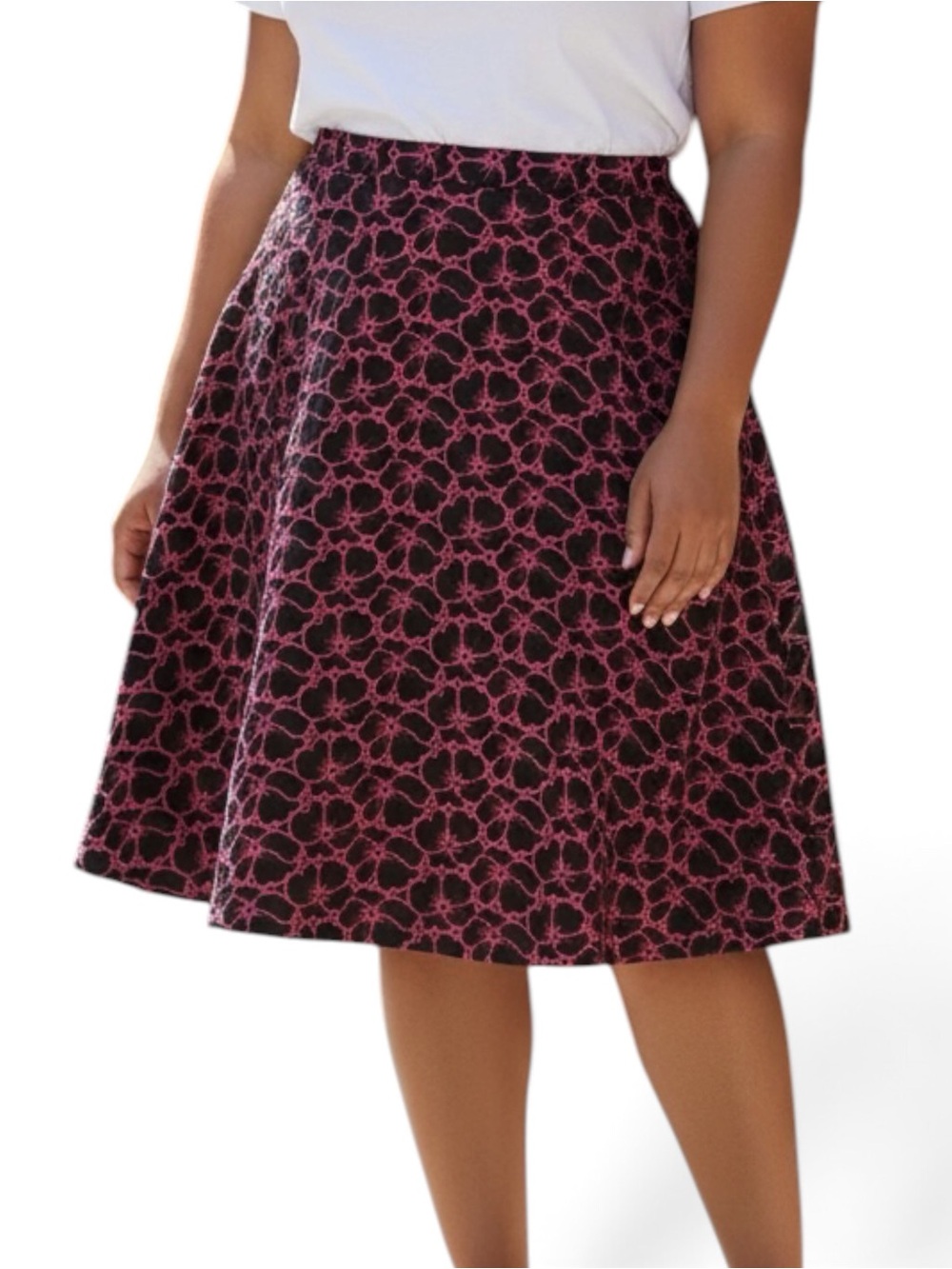 Dressbarn VTG Pink Black Floral Eyelet Flare Skirt SZ 14 EUC Cottagecore Office